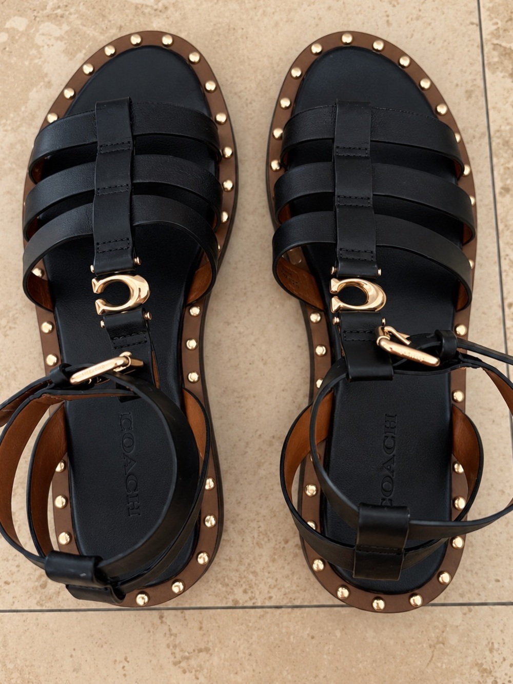 Coach Black Leather Studded Gladiator Sandals with Gold Hardware